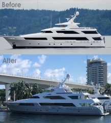 The 50m M/Y Arianna to M/Y Helios 3 transformation.  Refit styling and arrangement updates designed by Murray & Associates.